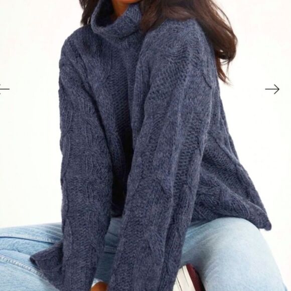 Revolve Something Navy Cableknit Turtleneck Chunky Blue Cable Knit Sweater SZ M - Picture 2 of 10